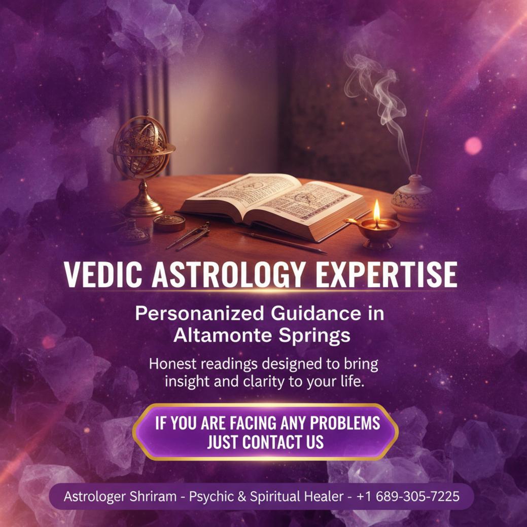 How a Vedic Astrologer in Altamonte Springs Can Guide You Vedic astrologer setup with ancient text and tools in Altamonte Springs
