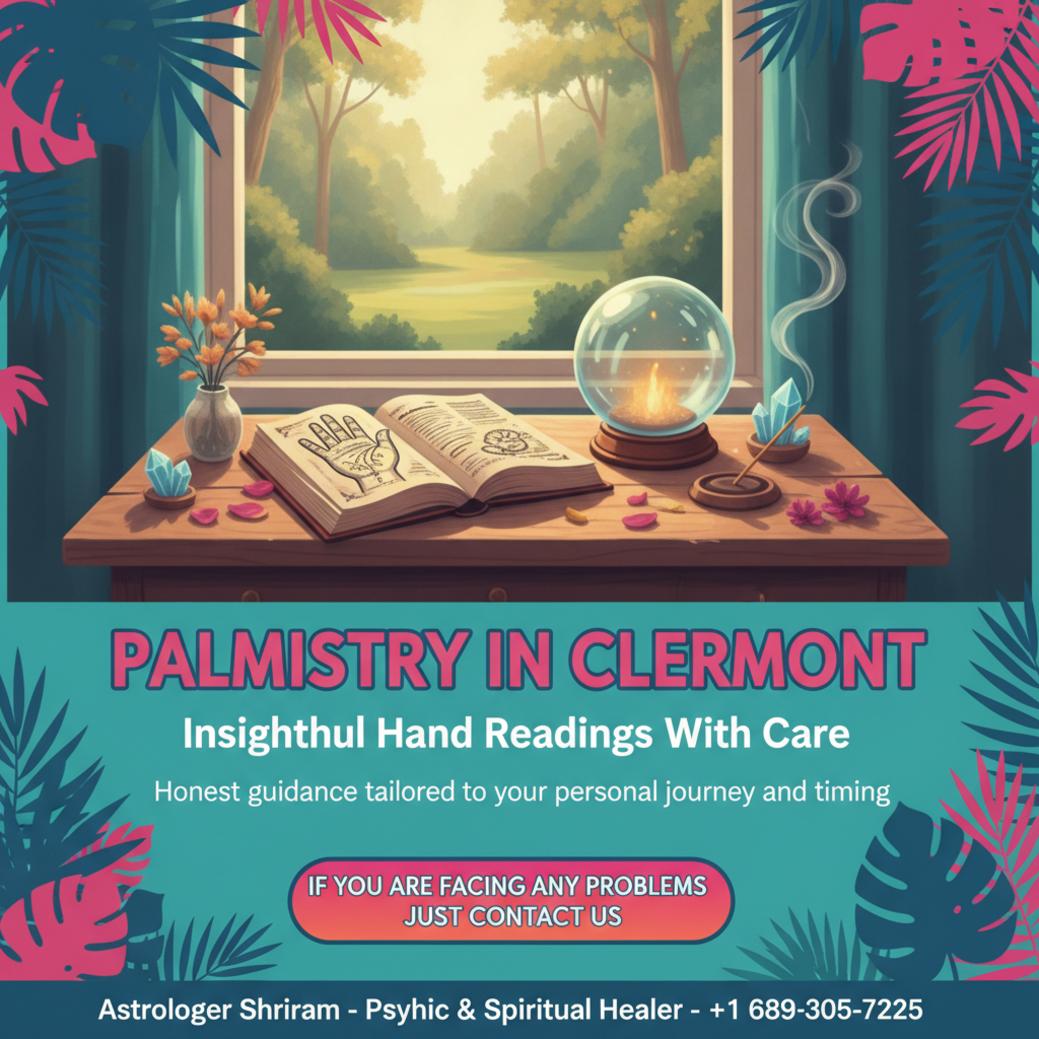 Calm palmistry setup with palm diagrams and crystals in Clermont office
