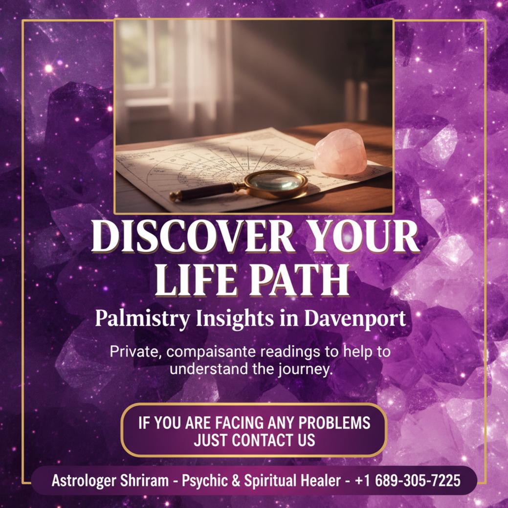 How Palmistry in Davenport Can Guide Your Life Choices Detailed palmistry chart and crystal representing palmistry in Davenport, FL.