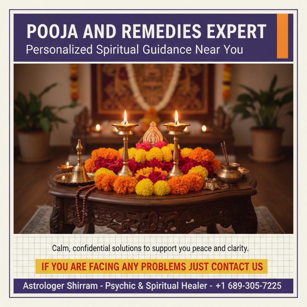 peaceful pooja altar with lamps and flowers for pandit in Hunters Creek FL
