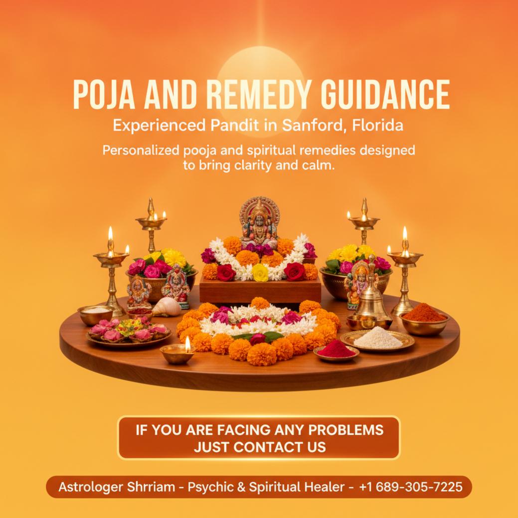 Find a Trusted Pandit for Pooja and Remedies in Sanford, FL Traditional pooja setup with lamps and flowers for pandit in Sanford