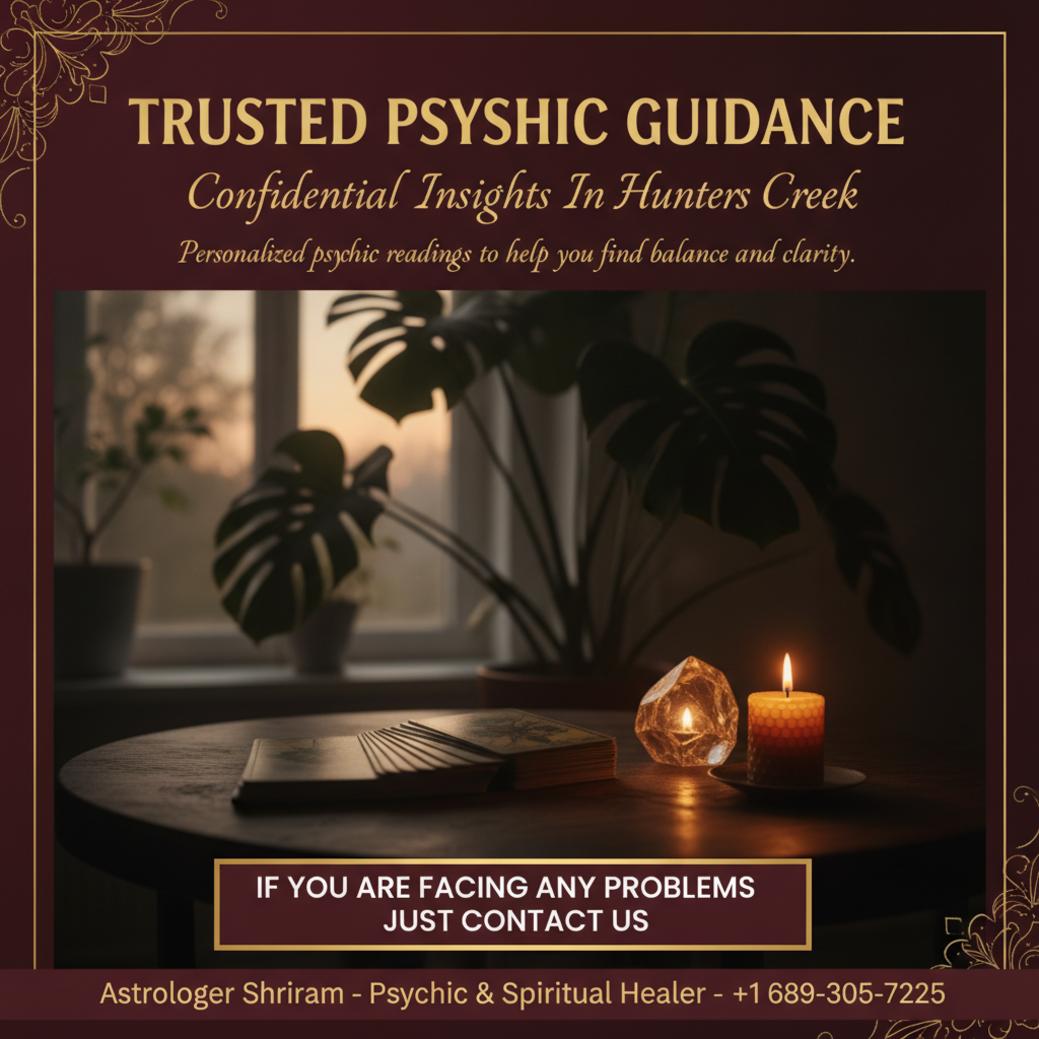 psychic reading setting with tarot cards and crystals in Hunters Creek