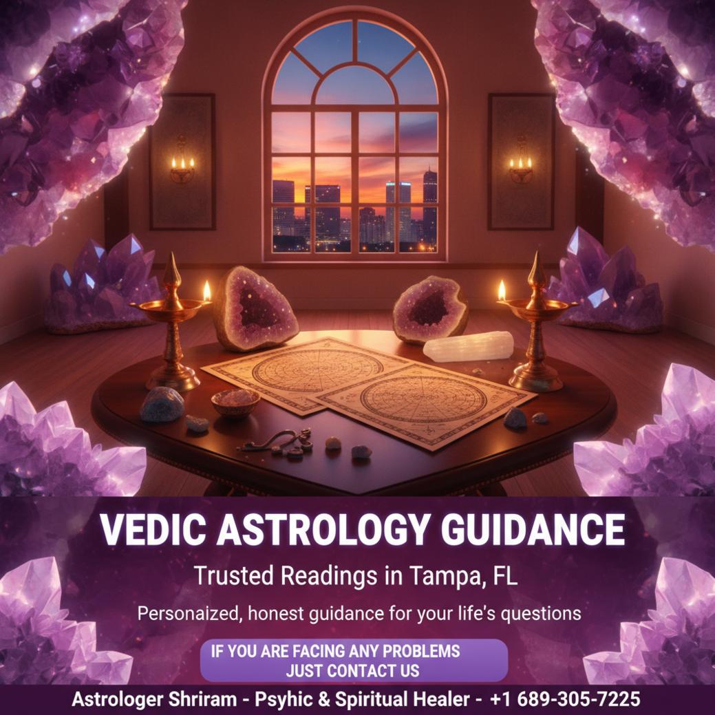 How to Find a Trusted Vedic Astrologer in Tampa, FL Vedic astrologer charts and sacred items glowing softly in Tampa, FL room