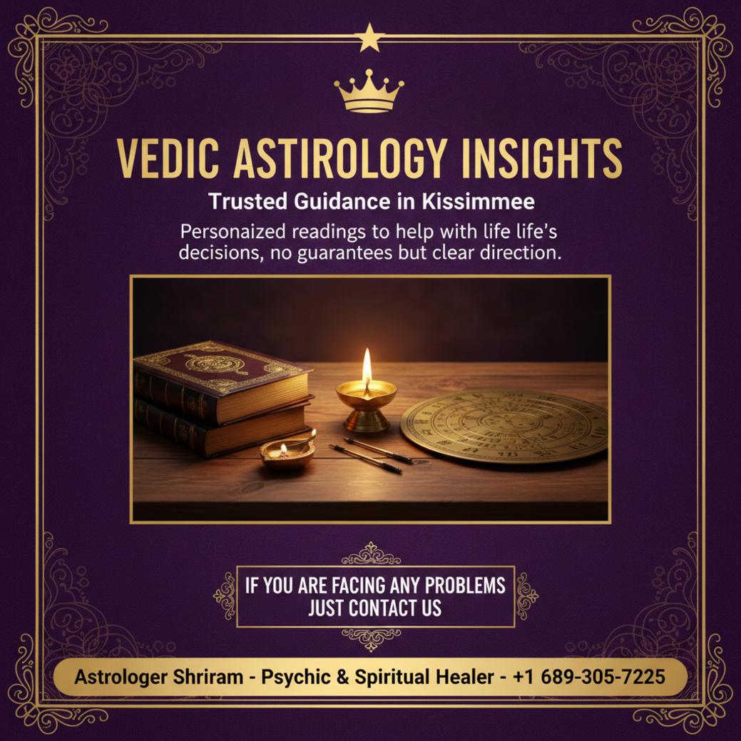 Vedic astrology tools on wooden table in Kissimmee, FL setting