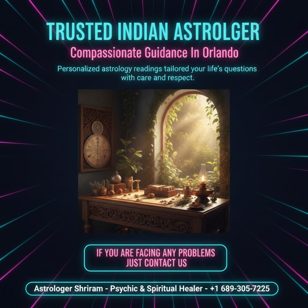 Looking for an Indian Astrologer in Orlando, FL? Traditional Indian astrology tools on wooden table calm setting Orlando
