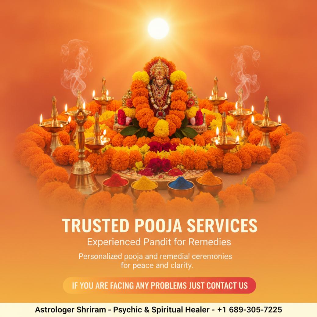 Need a Pandit for Pooja and Remedies in Orlando, FL? Traditional pooja setup with lamps and flowers for pandit remedies Orlando