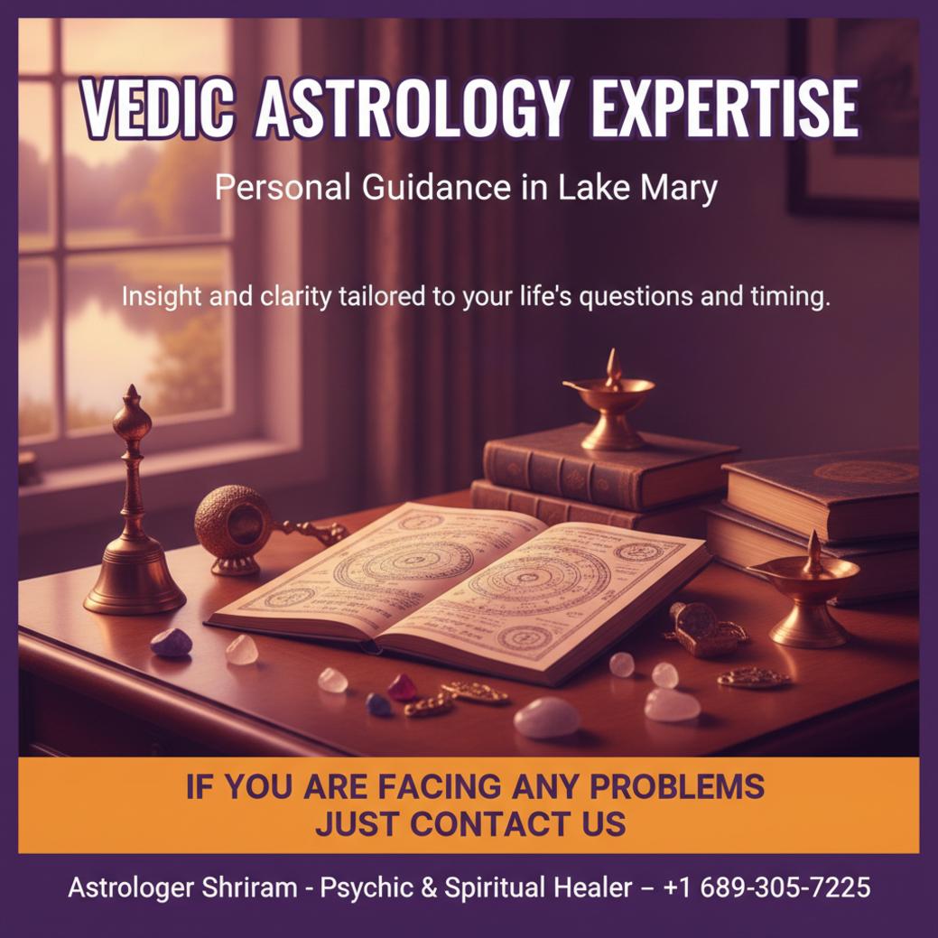 Vedic astrologer tools and kundli reading setup in Lake Mary room