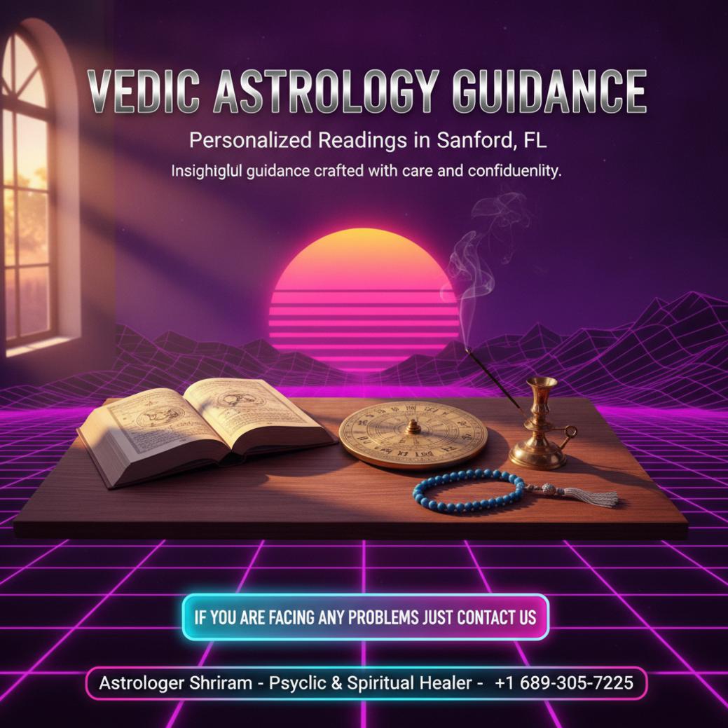 Vedic astrologer tools and books arranged in warm light in Sanford office