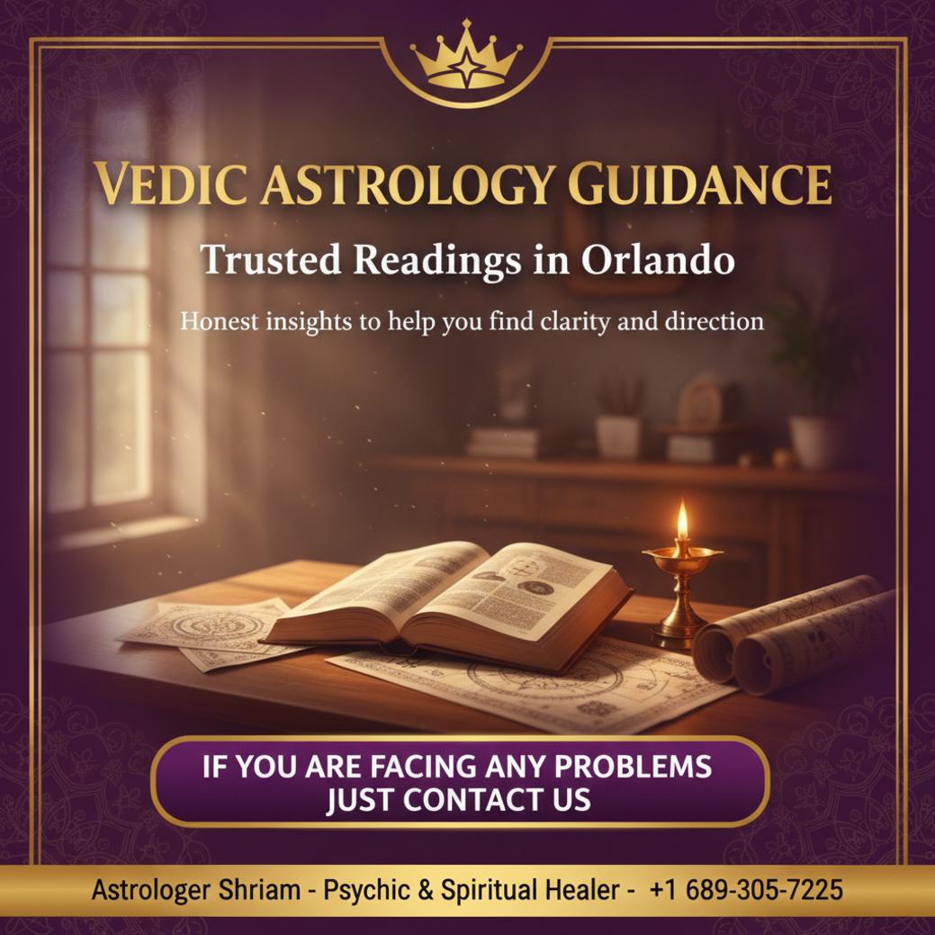 Looking for a Vedic Astrologer in Orlando? Here’s What to Know Vedic astrologer tools and charts on wooden table in Orlando office