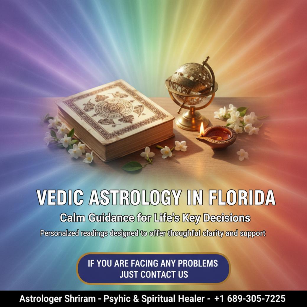How Vedic Astrology in Florida Offers Deeper Life Guidance Vedic astrology setup with sacred text and lamp in Florida practice